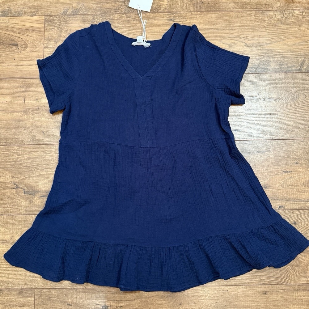 Beach Lunch Lounge NWT Navy Blue Boho Cotton Blouse Seersucker M Baby Doll